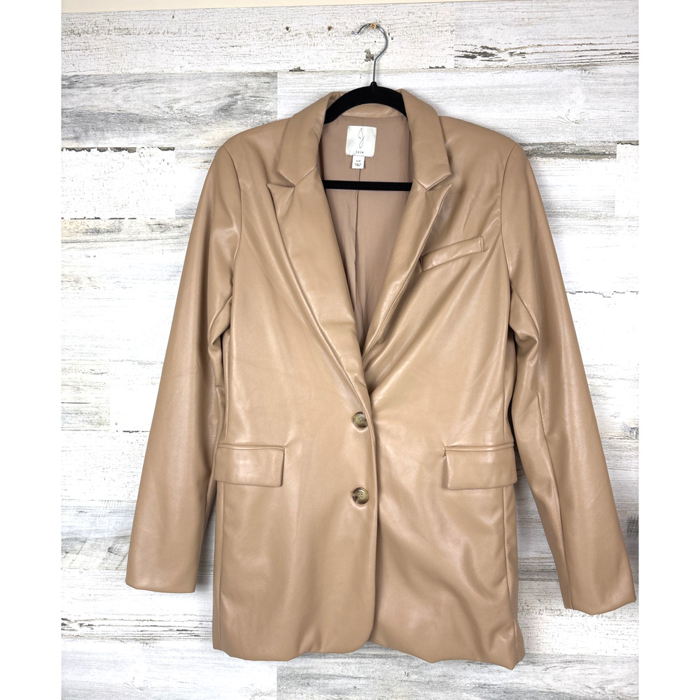 JOIE Womens S Nude Vegan Leather Button Front Mid-Length Blazer Jacket Workwear